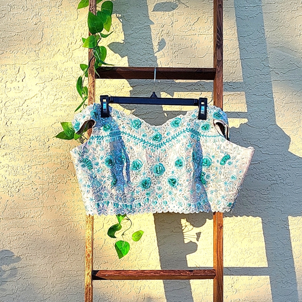 Off-the-Shoulder Turquoise Embroidered Lehenga Top, Size XXL